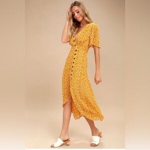 Lulu's After Bloom Delight Mustard Floral Midi Dress Large
